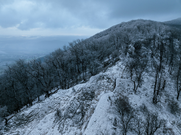 Aerial view of old ruins of fortress in the middle of winter forest. Drone view of snowy landscape with broken stone walls. Castle ruins.