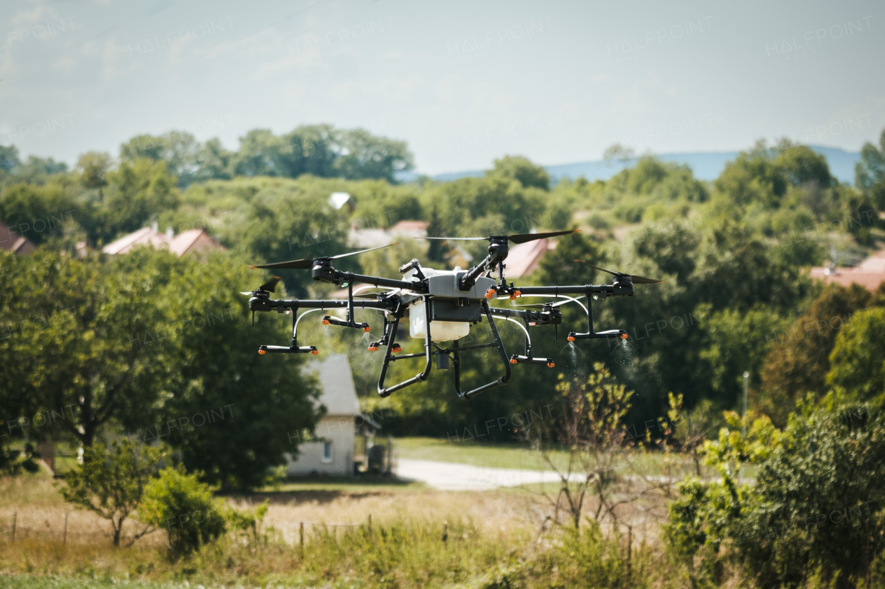 Agricultural drones spraying crops, distribute pesticides, herbicides and fertilizers efficiently and precisely. Aerial view of a drone moderning over farm fields, technologies in modern farming.