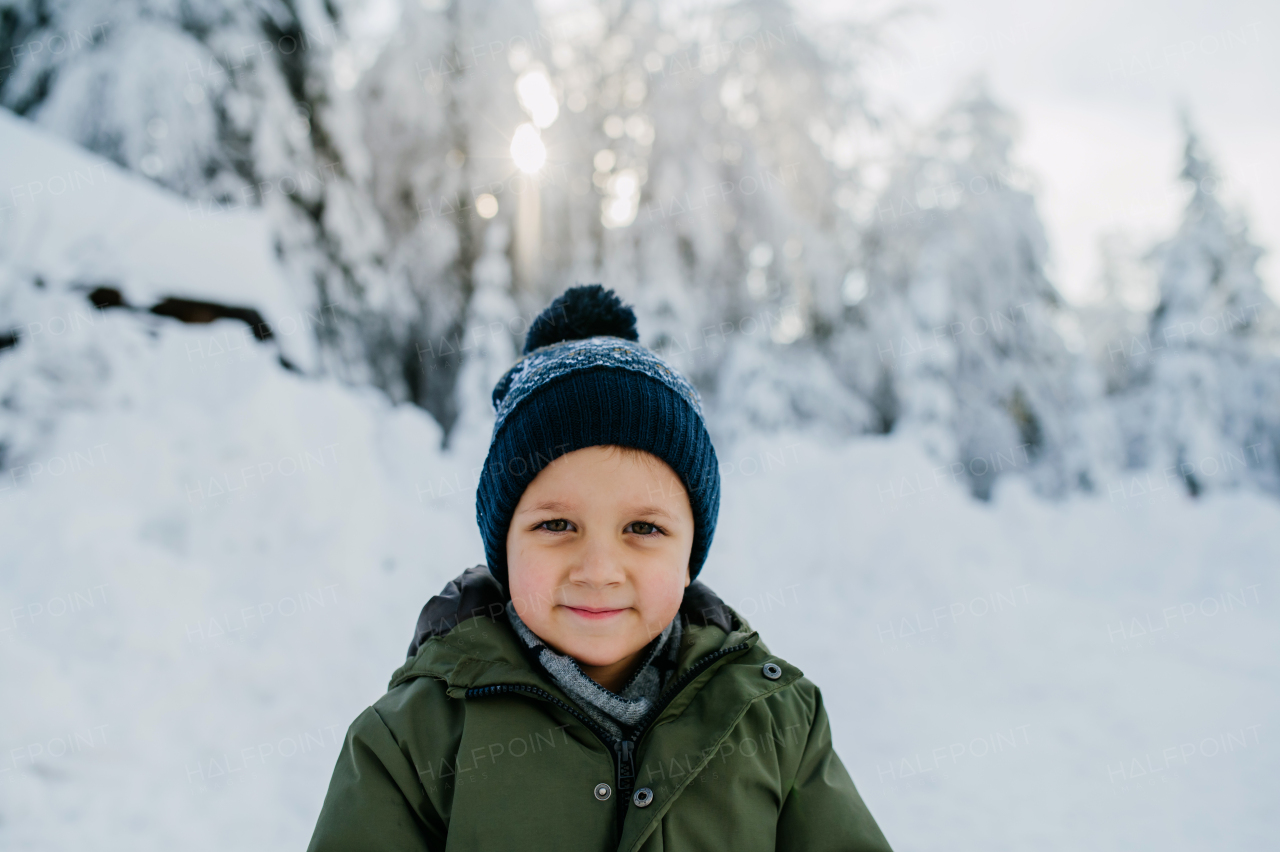 Winter portrait of little boy in warm clothes with knitted hat, outdoors during winter day.