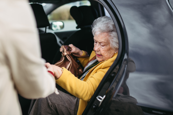 Senior lady getting out of the car, caregiver helping her, holding her hands. Elderly woman has problem with standing up from car back seat.