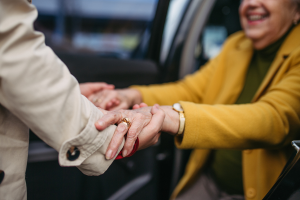 Senior lady getting out of the car, caregiver helping her, holding her hands. Elderly woman has problem with standing up from car back seat.