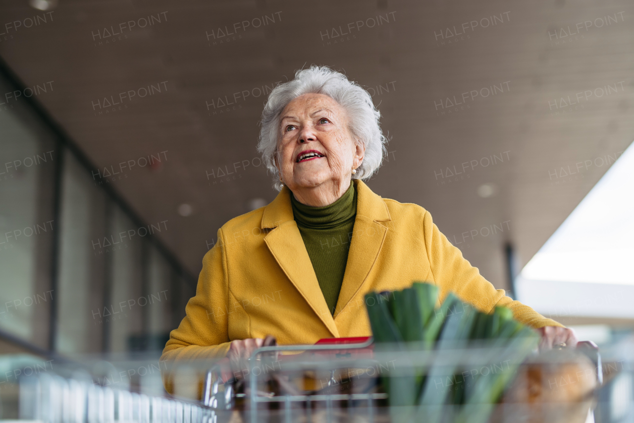 Portrait of senior woman shopping at the shopping center, pushing shopping cart in front of her. Low angle shot. Elderly lady doing grocery shopping.