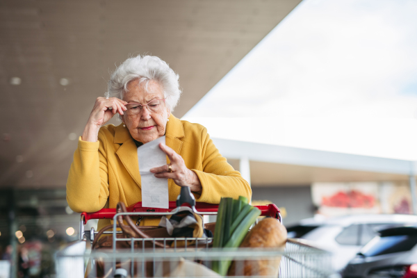 An elderly woman checking her receipt after a purchase, looking at the amount of money spent, ensuring all charges are correct.