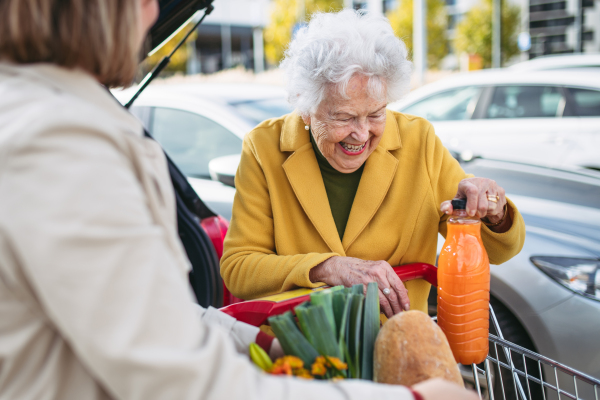 Mature granddaughter helping her grandmother load groceries in to the car. Senior woman shopping at the shopping center.