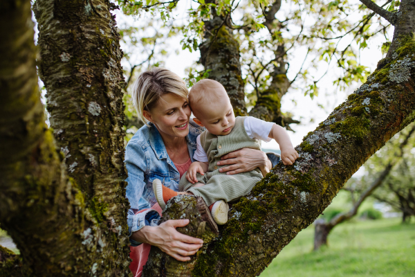 Portrait of beautiful mature first time mother with small toddler, baby, outdoors in spring nature, sitting on tree branch.