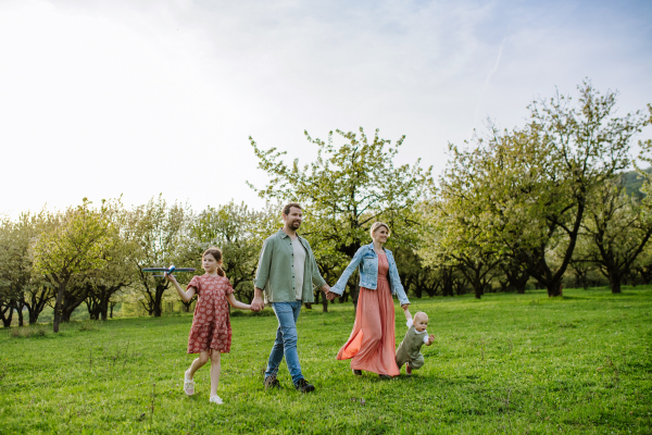 Family portrait with daughter and small toddler or baby, walking outdoors in spring nature. Nuclear family.