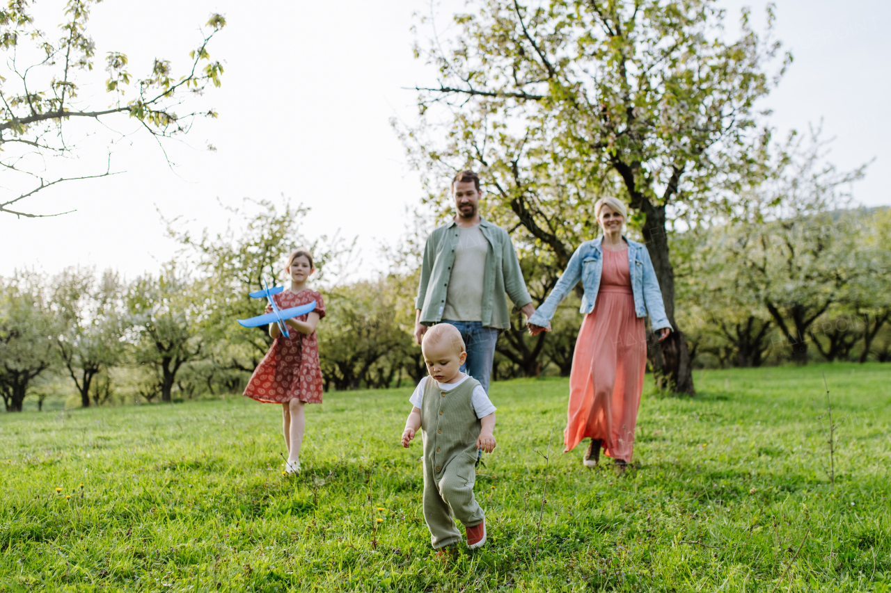 Family portrait with daughter and small toddler or baby, walking outdoors in spring nature. Nuclear family.