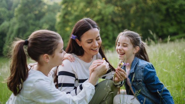 Beautiful mother with daughters, picking flowers, putting in moms, hair, sitting in the grass at meadow. Concept of Mother's Day and maternal love.