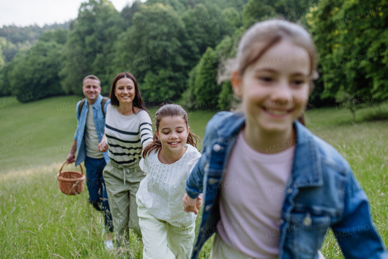 Family on walk in forest, going through meadow. Picking mushrooms, herbs and flowers picking in basket, foraging. Concept of family ecological hobby in nature.