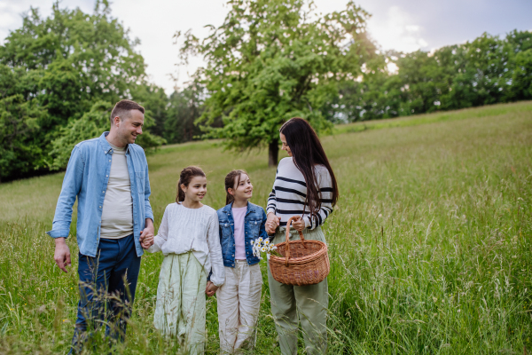 Family on interesting walk in forest, going through meadow. Successful mushroom, herbs medical plants or flowers picking, foraging. Concept of family ecological hobby in nature.