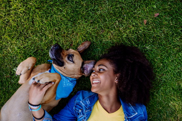 Top view of multiracial teenage girl and her dog lying on a grass in city park, concept of relationship between dog and teenager, everday life with pet.