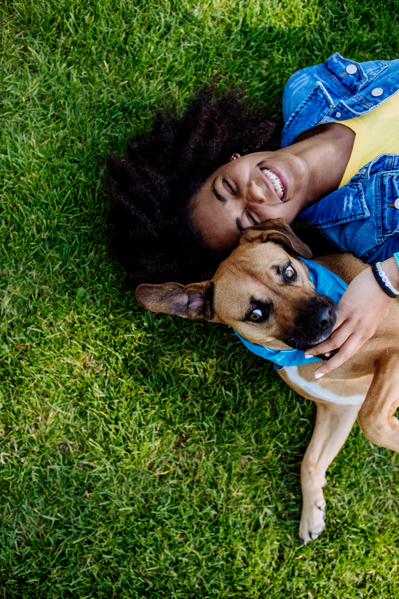 Top view of happy multiracial teenage girl with her dog lying in the grass. Concept of relationship between dog and teenager, everyday life with a pet, canis therapy.