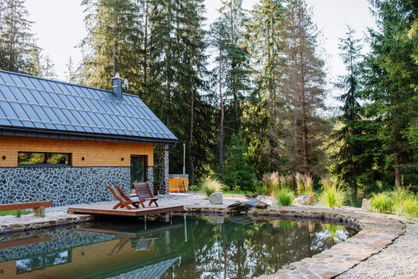 View of beautiful cottage in the middle of forest, surrounded by the nature with natural pool and beach chairs.