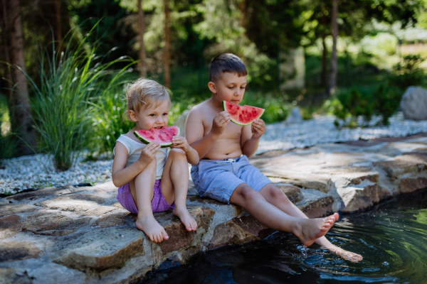 Little chidren sitting near a lake and eating watermelon on hot sunny day during summer vacation.