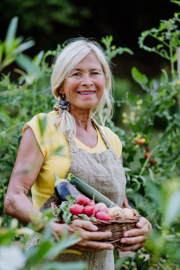 Senior farmer holding a basket with autumn harvest from her garden.