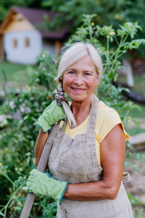 Senior woman having break during digging her vegetable garden.