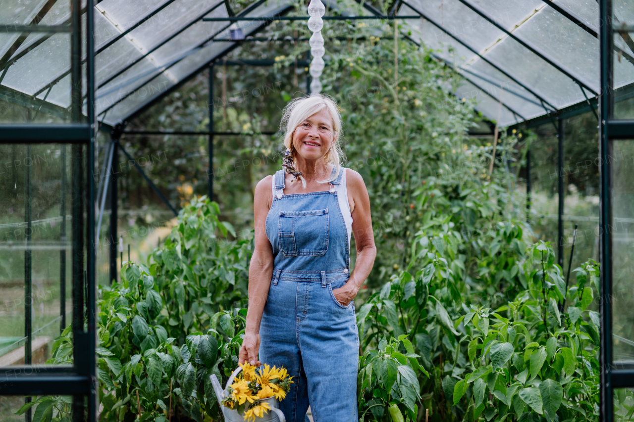 Senior woman posing with a watering pot and flowers in her greenhouse, gardening and sustainable lifestyle concept.