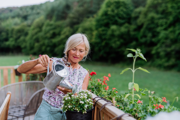 Senior woman watering flowers on terrace and enjoying view at forest.