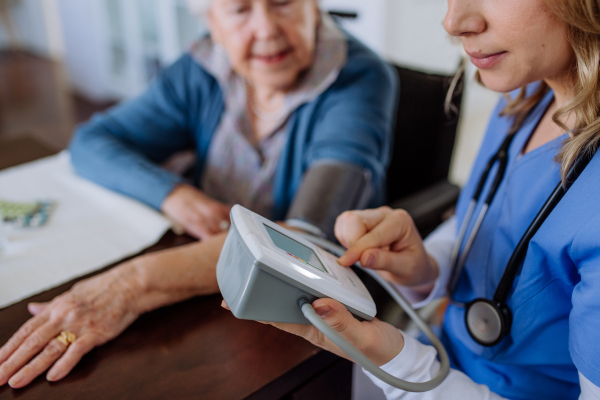 Nurse measuring blood pressuer to senior woman in her home.