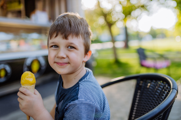 Little boy enjoying an ice cream in park during hot summer day, looking at camera and smiling.