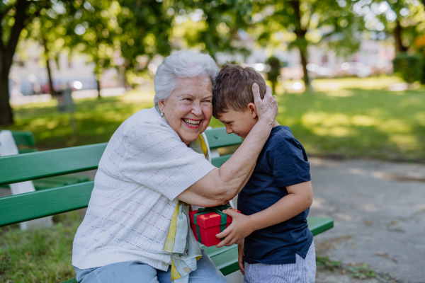 A grandchild surprised her grandmother with a birthday present in the park. Lifestyle, family concept