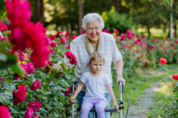 A great grandmother on walk with walker with her granddaughter in park in summer , generation family concept.