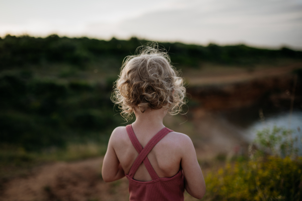 Rear view of small girl with blonde hair standing at the beach looking at sea.