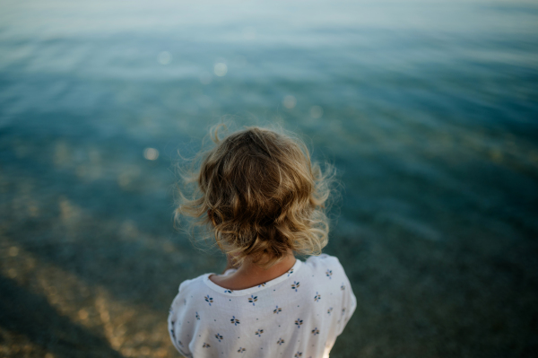 Rear view of small girl with blonde hair standing at the beach looking at sea.