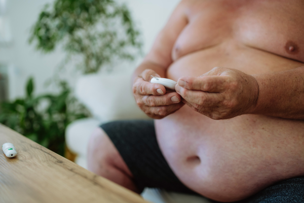 Overweight man checking blood glucose level at home using a fingerstick glucose meter. The diabetic man taking a finger-prick blood sample.