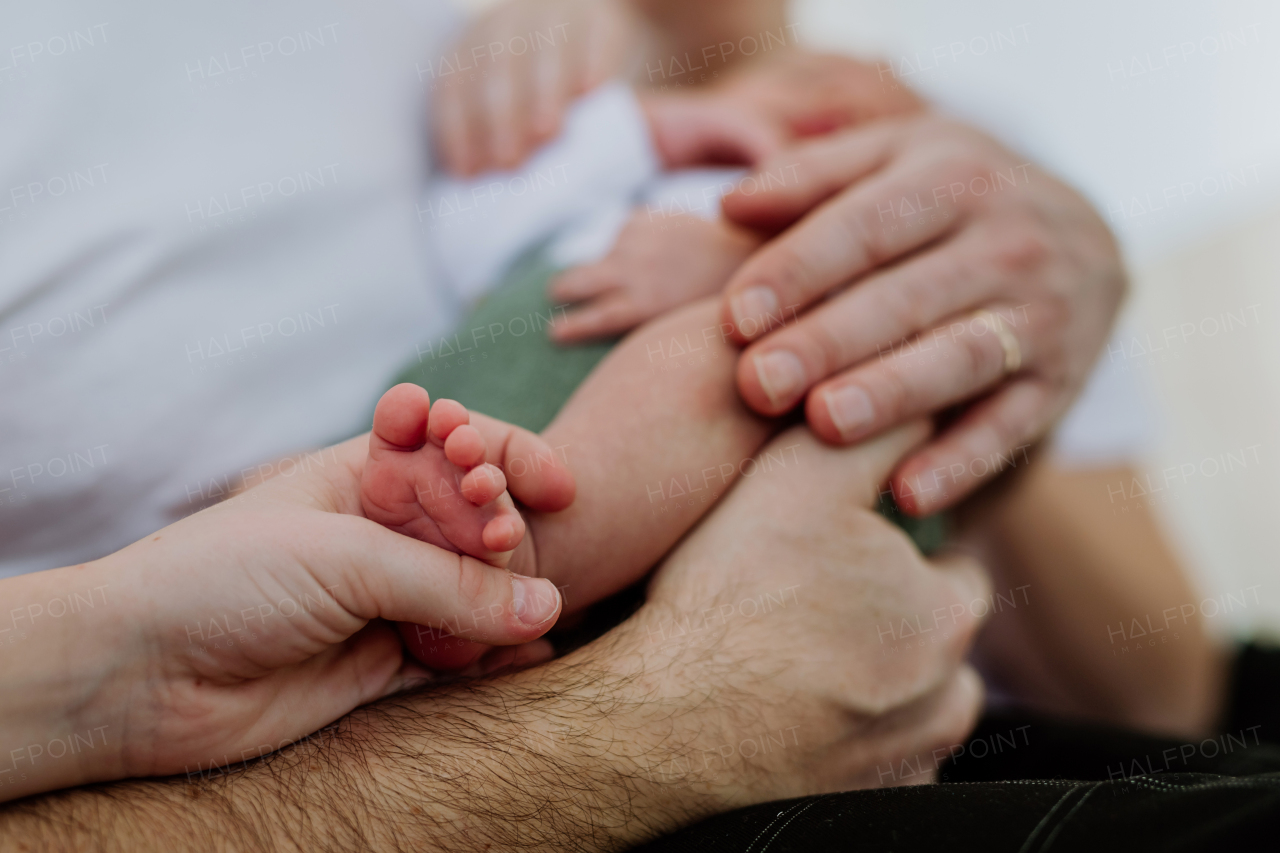 Close up of family holding and stroking their baby.