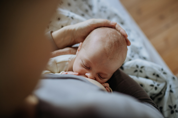 Close-up of mother brestfeeding her little newborn son.