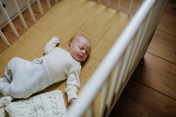 High angle view of sleeping newborn baby in little bed.