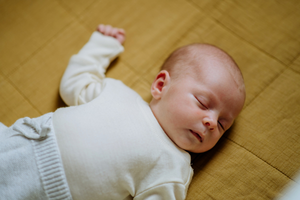 High angle view of sleeping newborn baby in little bed.