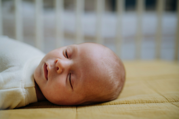 Side view of sleeping newborn baby in little bed.