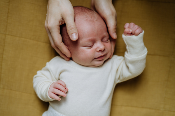 High angle view of newborn baby in little bed.