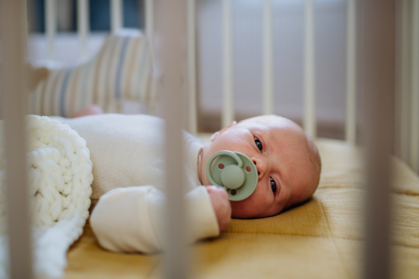 Side view of sleeping newborn baby in little bed.