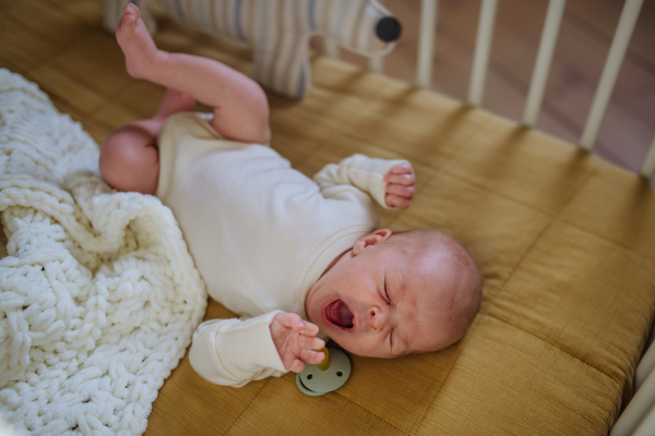 High angle view of sleeping newborn baby in little bed.