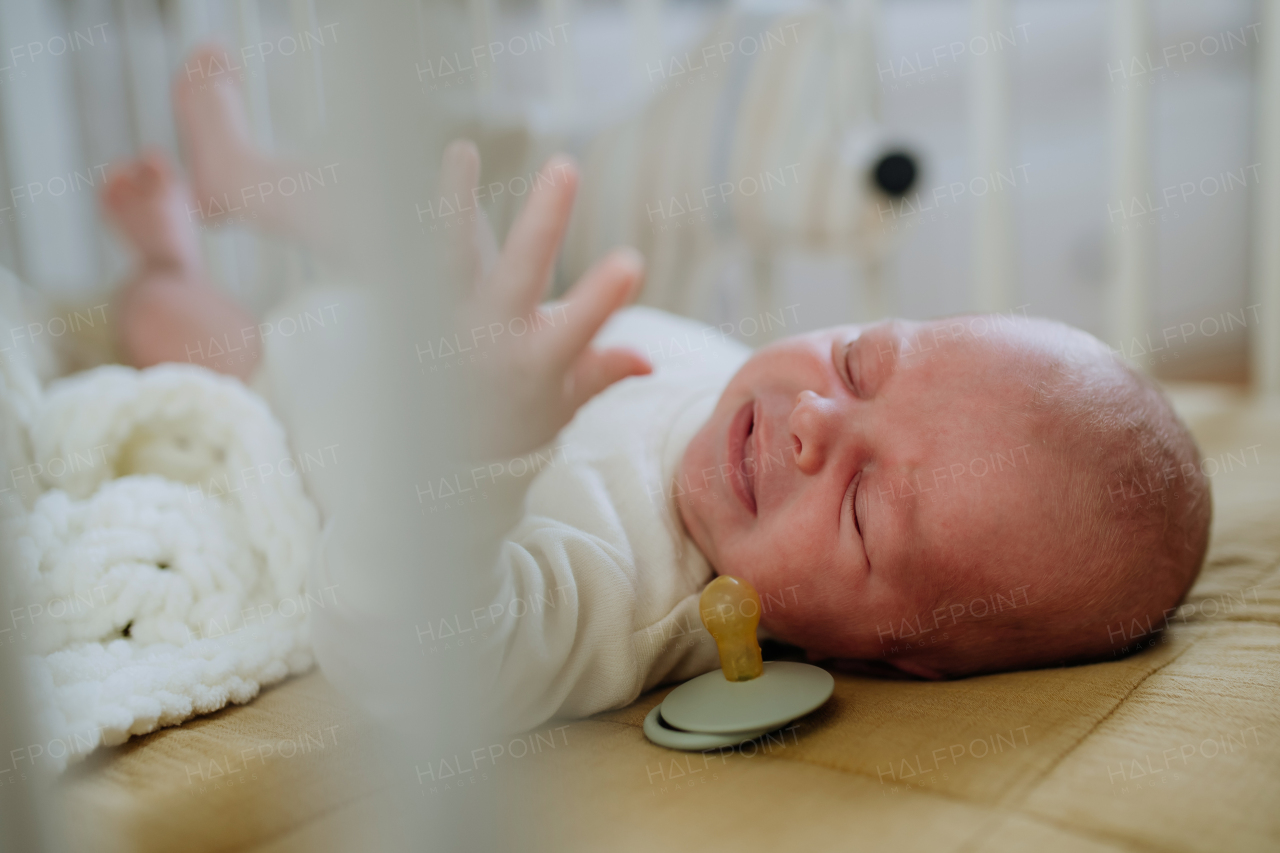 High angle view of newborn baby in little bed.