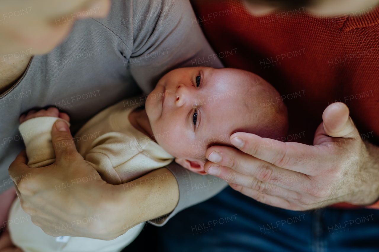 Close-up of parents cuddling their newborn son.