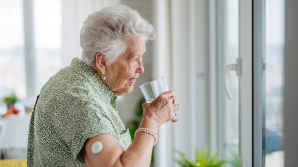 Diabetic senior patient using continuous glucose monitor to check blood sugar level at home. Senior woman drinking water to better manage her diabetes. CGM device making life of elderly woman easier.