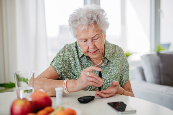 Diabetic senior patient checking her blood sugar level with fingerstick testing glucose meter. Portrait of senior woman with type 1 diabetes using blood glucose monitor at home.