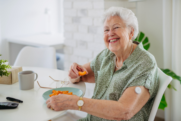 Diabetic senior patient using continuous glucose monitor to check blood sugar level at home. Senior woman eating fruit to help raise her blood sugar to normal. CGM device making life of elderly woman easier, helping manage her illness and focus on other activities.