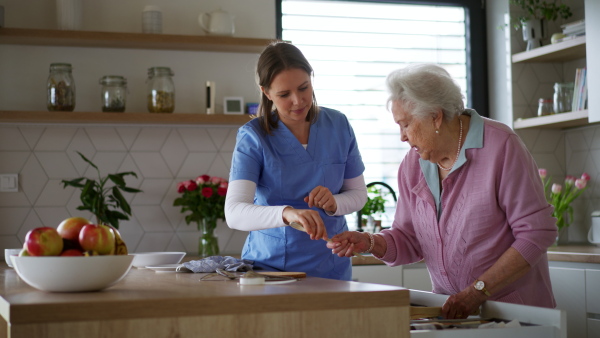 Home caregiver and elderly woman washing dishes at home. Household chores for senior woman, help from nurse.