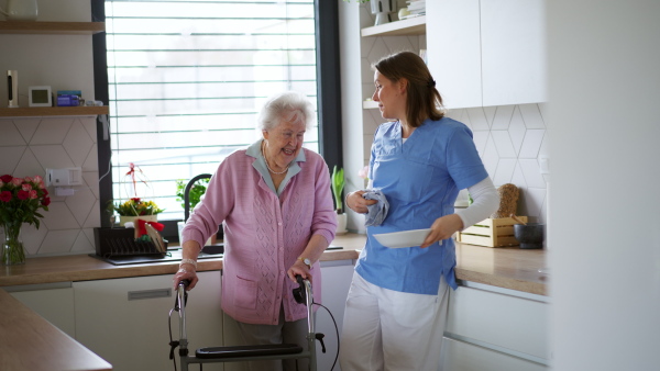 Home caregiver and elderly woman washing dishes at home. Household chores for senior woman, help from nurse.