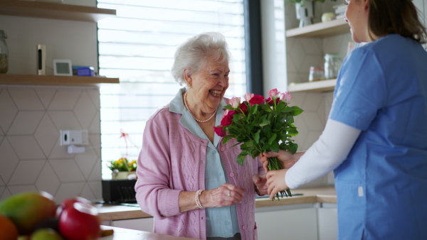 Elderly woman receiving bouquet of roses to her female home caregiver. Senior woman at home is thankful for care and assistance from nurse.