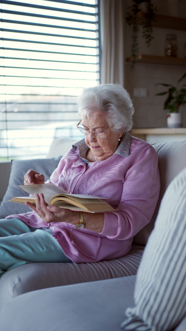 A beautiful elderly woman reading book at home, having relaxing moment, hygge for senior. Grandmother with reading glasses and captivating book.