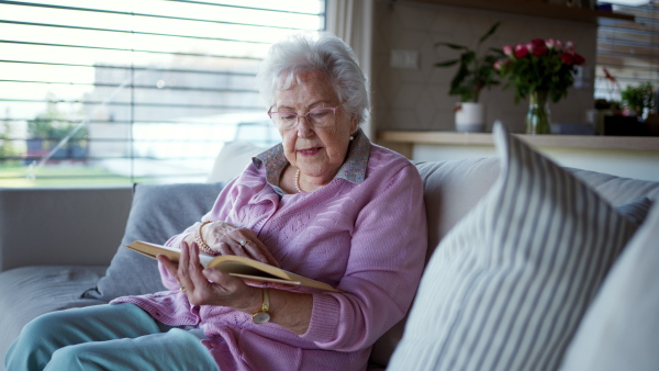 A beautiful elderly woman reading book at home, having relaxing moment, hygge for senior. Grandmother with reading glasses and captivating book.