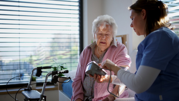 Nurse measures elderly patients blood pressure using a home blood pressure monitor. Senior woman recovering after surgery, home caregiver helping her to return to daily activities.