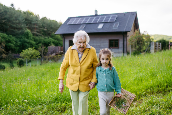 Granddaughter spending time with elderly grandma, picking wildflowers. Senior lady spending time in nature. Weekend in cottage.