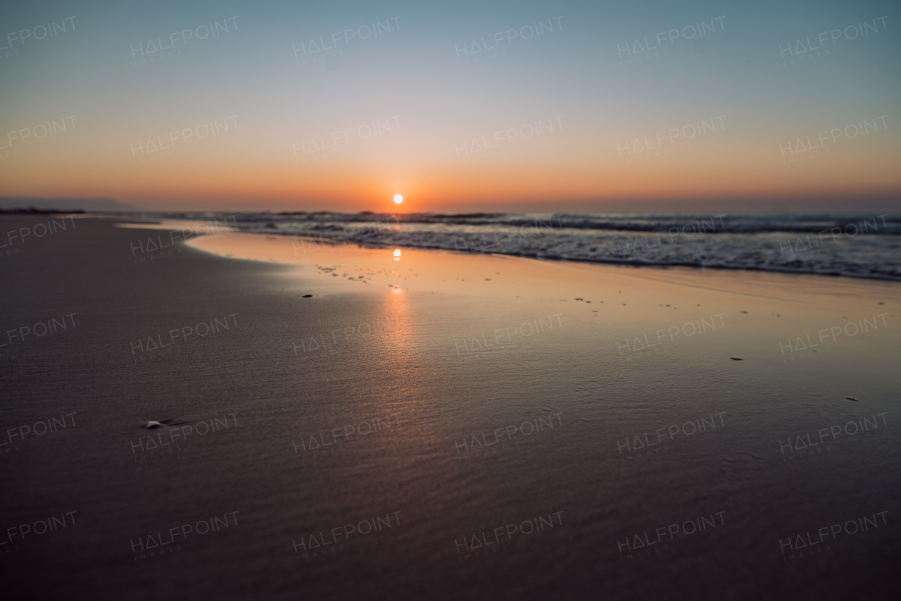 Landscape with sea sunset on a beach.